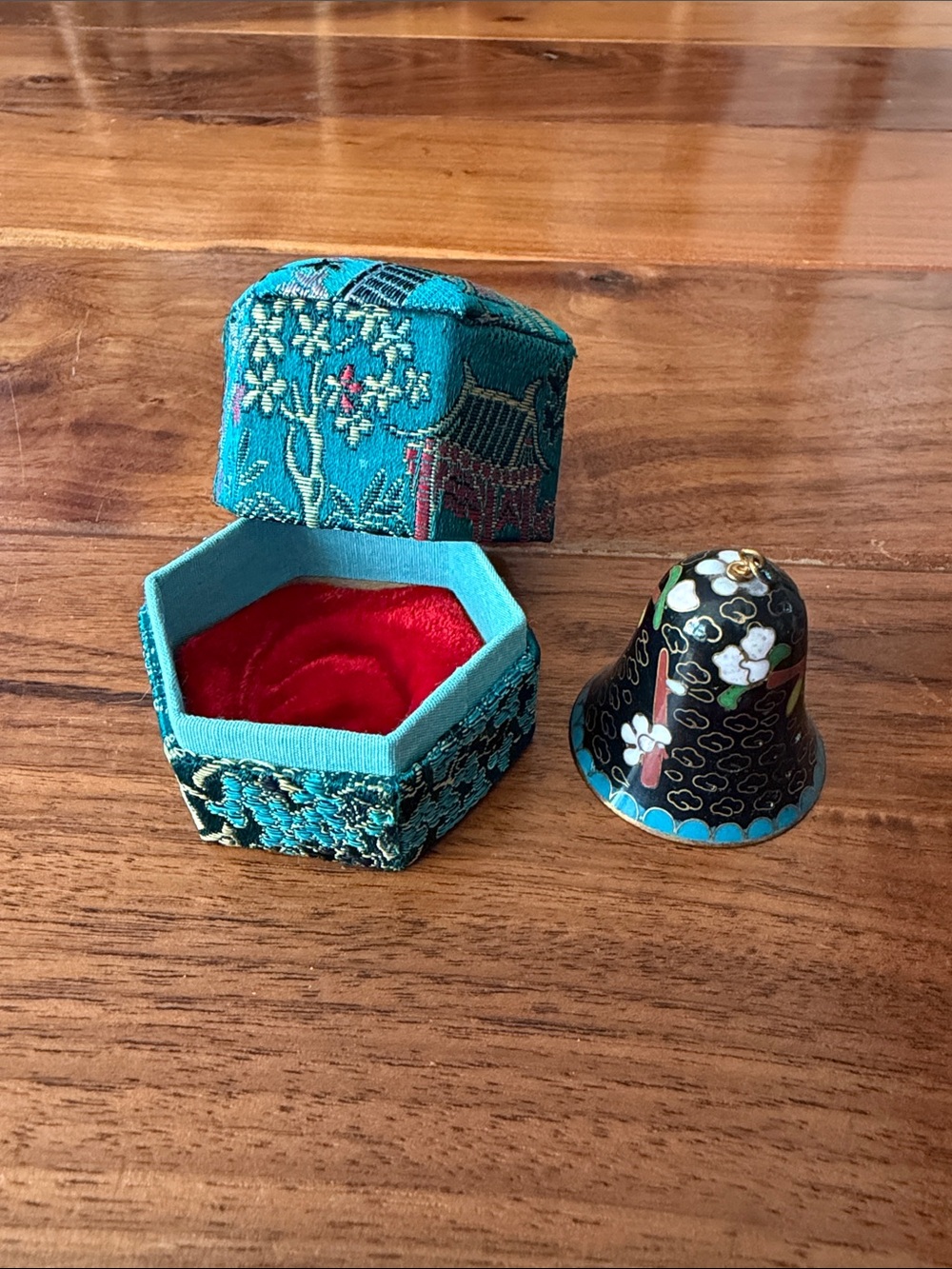 Turquoise Brocade Hexagon Jewelry Box with Vintage Cloisonné Floral Bell